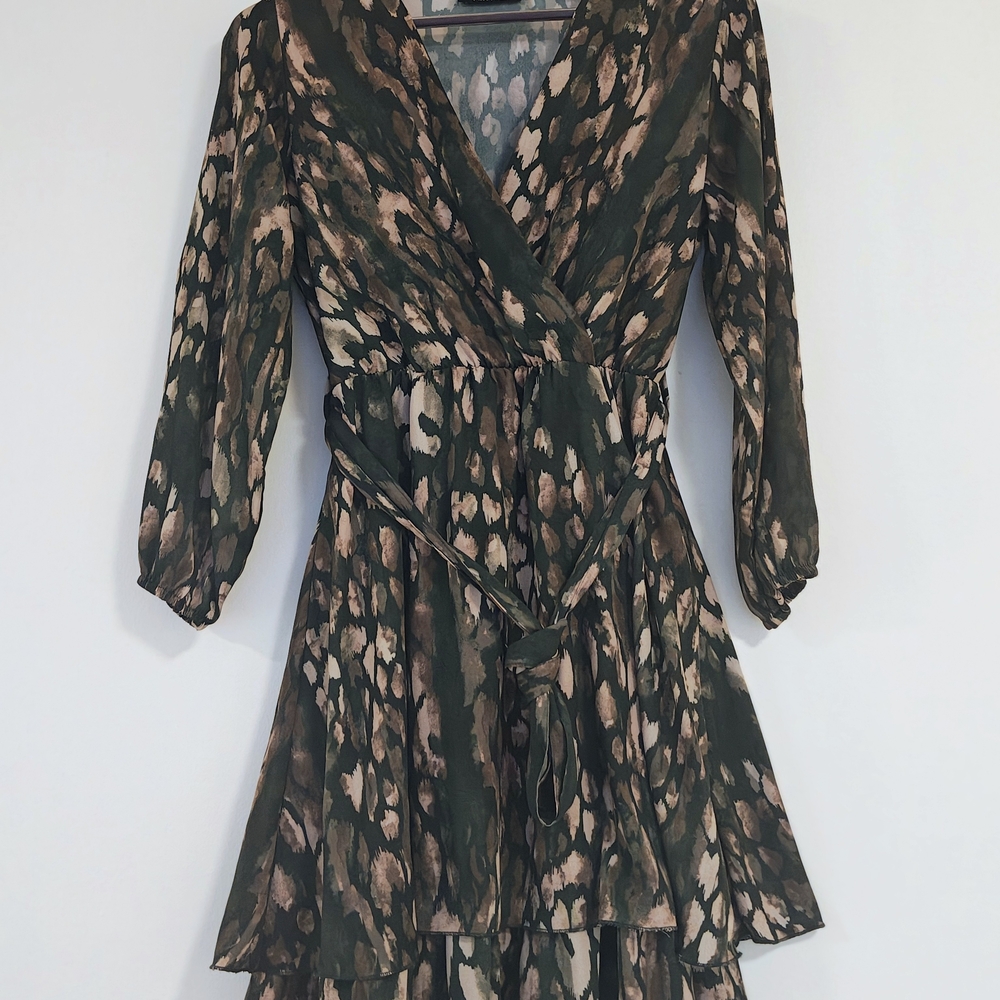 Vertiche Green Animal Print Wrap Dress Sheer Sleeve Mini